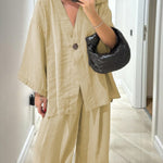 Women's Solid Color V-Neck Cardigan Top High Waist Casual Linen Wide Leg Pants Set