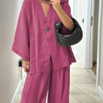 Women's Solid Color V-Neck Cardigan Top High Waist Casual Linen Wide Leg Pants Set