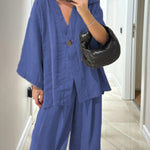 Women's Solid Color V-Neck Cardigan Top High Waist Casual Linen Wide Leg Pants Set