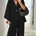 Women's Solid Color V-Neck Cardigan Top High Waist Casual Linen Wide Leg Pants Set