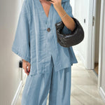 Women's Solid Color V-Neck Cardigan Top High Waist Casual Linen Wide Leg Pants Set
