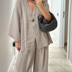 Women's Solid Color V-Neck Cardigan Top High Waist Casual Linen Wide Leg Pants Set