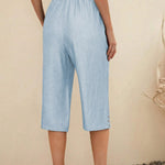 Women's  Solid Color Elastic Waist Lace-up Cropped Casual Pocket Cotton and Linen Wide-leg Pants
