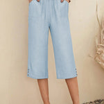 Women's  Solid Color Elastic Waist Lace-up Cropped Casual Pocket Cotton and Linen Wide-leg Pants