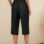 Women's  Solid Color Elastic Waist Lace-up Cropped Casual Pocket Cotton and Linen Wide-leg Pants