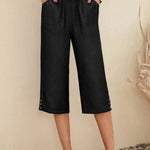Women's  Solid Color Elastic Waist Lace-up Cropped Casual Pocket Cotton and Linen Wide-leg Pants