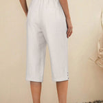 Women's  Solid Color Elastic Waist Lace-up Cropped Casual Pocket Cotton and Linen Wide-leg Pants