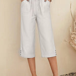 Women's  Solid Color Elastic Waist Lace-up Cropped Casual Pocket Cotton and Linen Wide-leg Pants