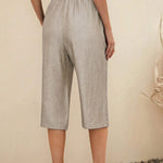 Women's  Solid Color Elastic Waist Lace-up Cropped Casual Pocket Cotton and Linen Wide-leg Pants