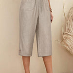 Women's  Solid Color Elastic Waist Lace-up Cropped Casual Pocket Cotton and Linen Wide-leg Pants