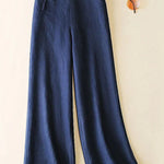 Women's Solid Color Button Half Elastic High Waist Casual Cotton and Linen Wide Leg Pants