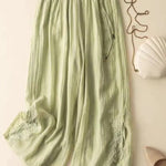 Women's Solid Color Elastic Waist Cotton and Linen Embroidery Wide Leg Pants