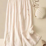 Women's Solid Color Elastic Waist Cotton and Linen Embroidery Wide Leg Pants
