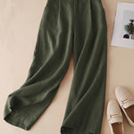 Women's Solid Color Casual Cotton and Linen Cropped Wide Leg Pants