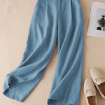 Women's Solid Color Casual Cotton and Linen Cropped Wide Leg Pants