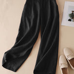 Women's Solid Color Casual Cotton and Linen Cropped Wide Leg Pants