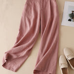 Women's Solid Color Casual Cotton and Linen Cropped Wide Leg Pants