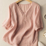 Women's Wave Embroidery V-Neck Solid Color Half Sleeve Cotton and Linen Top