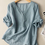 Women's Wave Embroidery V-Neck Solid Color Half Sleeve Cotton and Linen Top