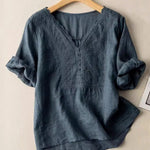 Women's Wave Embroidery V-Neck Solid Color Half Sleeve Cotton and Linen Top