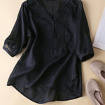 Women's Wave Embroidery V-Neck Solid Color Half Sleeve Cotton and Linen Top
