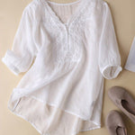 Women's Wave Embroidery V-Neck Solid Color Half Sleeve Cotton and Linen Top
