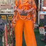 Women's Round Neck 3/4 Sleeves Abstract Geometric Pattern Print Loose and Comfortable Top High Waist Solid Color Wide Leg Pants Chiffon Casual Suit