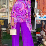 Women's Round Neck 3/4 Sleeves Abstract Geometric Pattern Print Loose and Comfortable Top High Waist Solid Color Wide Leg Pants Chiffon Casual Suit