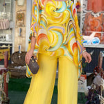 Women's Round Neck 3/4 Sleeves Abstract Geometric Pattern Print Loose and Comfortable Top High Waist Solid Color Wide Leg Pants Chiffon Casual Suit