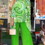 Women's Round Neck 3/4 Sleeves Abstract Geometric Pattern Print Loose and Comfortable Top High Waist Solid Color Wide Leg Pants Chiffon Casual Suit