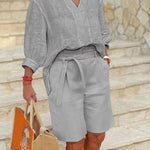 Women's Solid Color V-Neck 3/4 Sleeve Loose Tops High Waist Lace-up Casual Wide-leg Shorts Set
