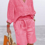Women's Solid Color V-Neck 3/4 Sleeve Loose Tops High Waist Lace-up Casual Wide-leg Shorts Set
