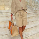 Women's Solid Color V-Neck 3/4 Sleeve Loose Tops High Waist Lace-up Casual Wide-leg Shorts Set
