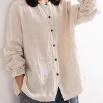 Women's Crew Neck Long Sleeve Loose Casual Linen Cardigan Top
