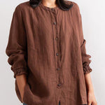 Women's Crew Neck Long Sleeve Loose Casual Linen Cardigan Top