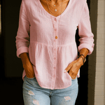 Women's Linen Cotton Blend Shirt - 3/4 Sleeve Crew Neck Loose Hip-Length Casual Blouse