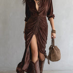 Alessia – Velvet Midi Dress with Pleated Design