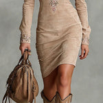 Sable | Suede Midi Dress with Floral Collar