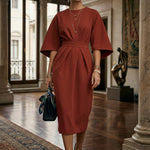 Batwing Sleeves Elasticated Waist Pleated Solid Color Split-Joint Round-Neck Midi Dresses