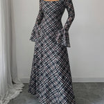 A-Line Flared Sleeves Contrast Color High-Waisted Plaid Square-Neck Maxi Dresses