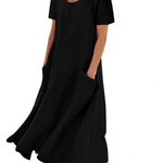 JFN Cotton & Linen Solid Color Loose Casual Pocket Dress