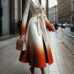 A-Line Long Sleeves Buttoned Gradient Split-Joint Tied Waist Notched Collar Woolen Coat