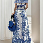 Bodycon High Waisted Flower Print Hollow Pockets Cold Shoulder Maxi Dresses