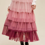 Pink Gradient Mesh Ruffle Tiered Tulle Maxi Skirt