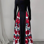 High Waisted Long Sleeves Contrast Color Flower Print Split-Joint Off-the-shoulder Maxi Dresses