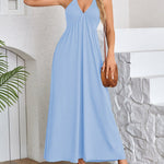 A-Line Loose Pleated Solid Color Split-Joint Deep V-Neck Maxi Dresses