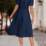 A-Line High Waisted Elasticity Knot Pleated Solid Color Split-Joint V-Neck Midi Dresses