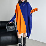 Batwing Sleeves Hipster Asymmetric Contrast Color Split-Joint High-Neck Midi Dresses Sweater Dresses