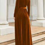 Long Sleeves Wrap Belted Pleated Solid Color Zipper Round-Neck Maxi Dresses