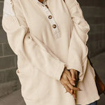 Smoke Green Waffle Patchwork Drop Sleeve Henley Top